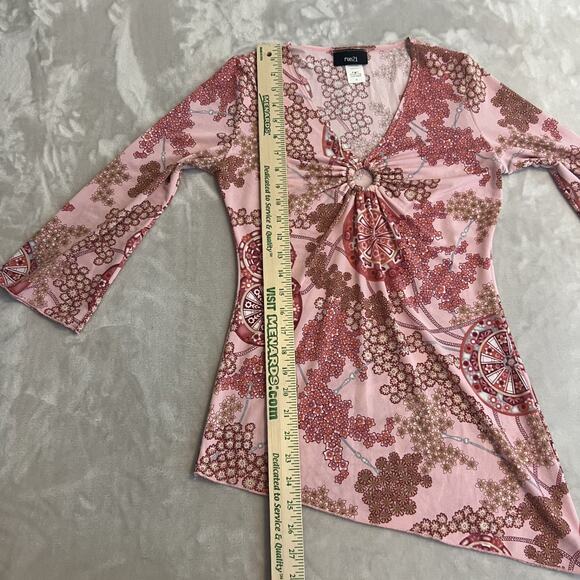 VTG Rue21 Top Womens Medium Pink Floral Stretch Asymmetrical Fairy Y2K Whimsical - Picture 8 of 11